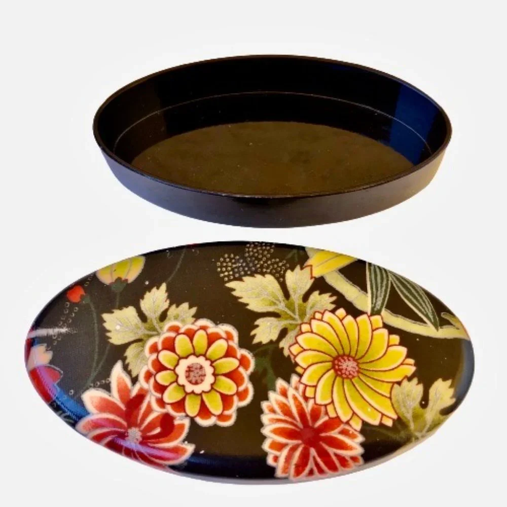 Plastic Lacquer Trinket Box with Lid Vintage Black Flowers
